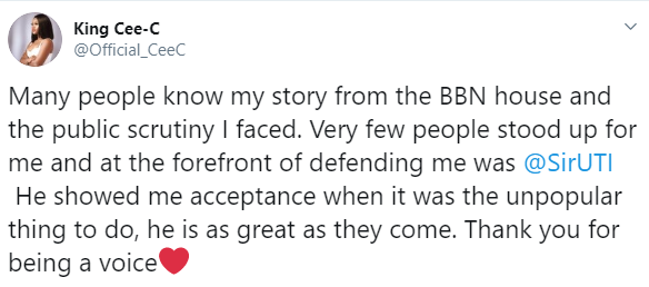 BBNaija's Ceec tackles Twitter users trolling her for showing solidarity to Uti Nwachukwu